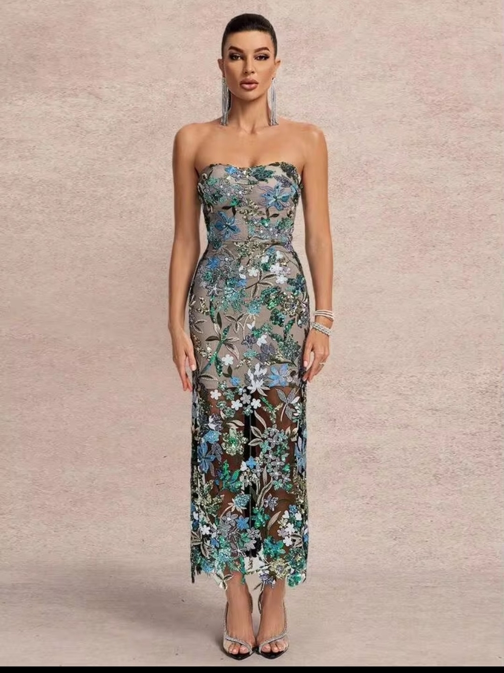 Strapless Blue & Green Floral Embroidered Midi Dress